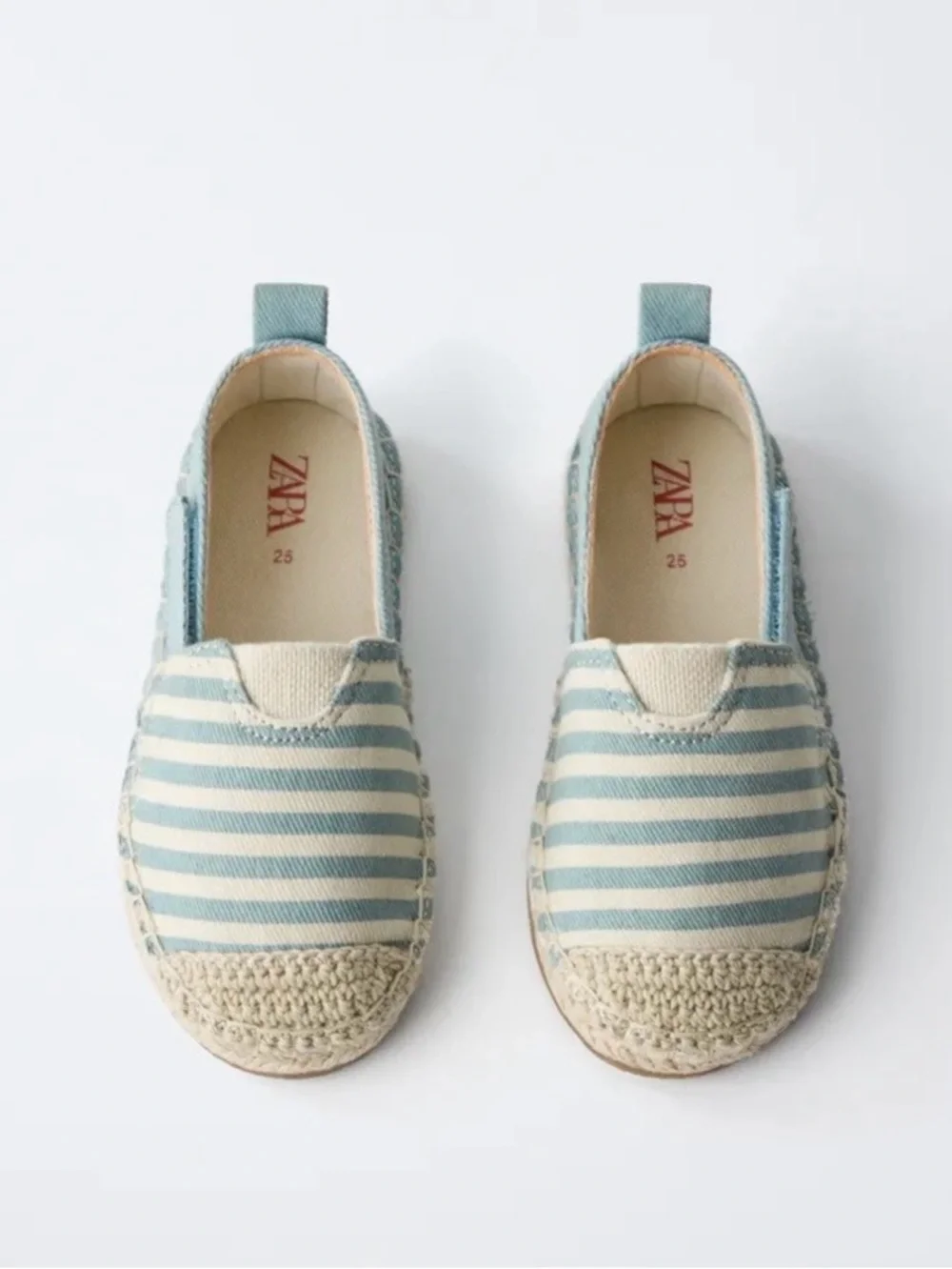 Zara Kids Striped Jute Slip-On Espadrilles in Light Blue and Cream